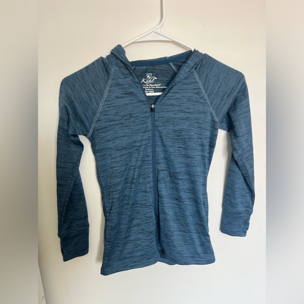 Kuhl Child Hoodie Sweatshirt Blue Black Space Dye Long Sleeve Full Zip Small 7-8